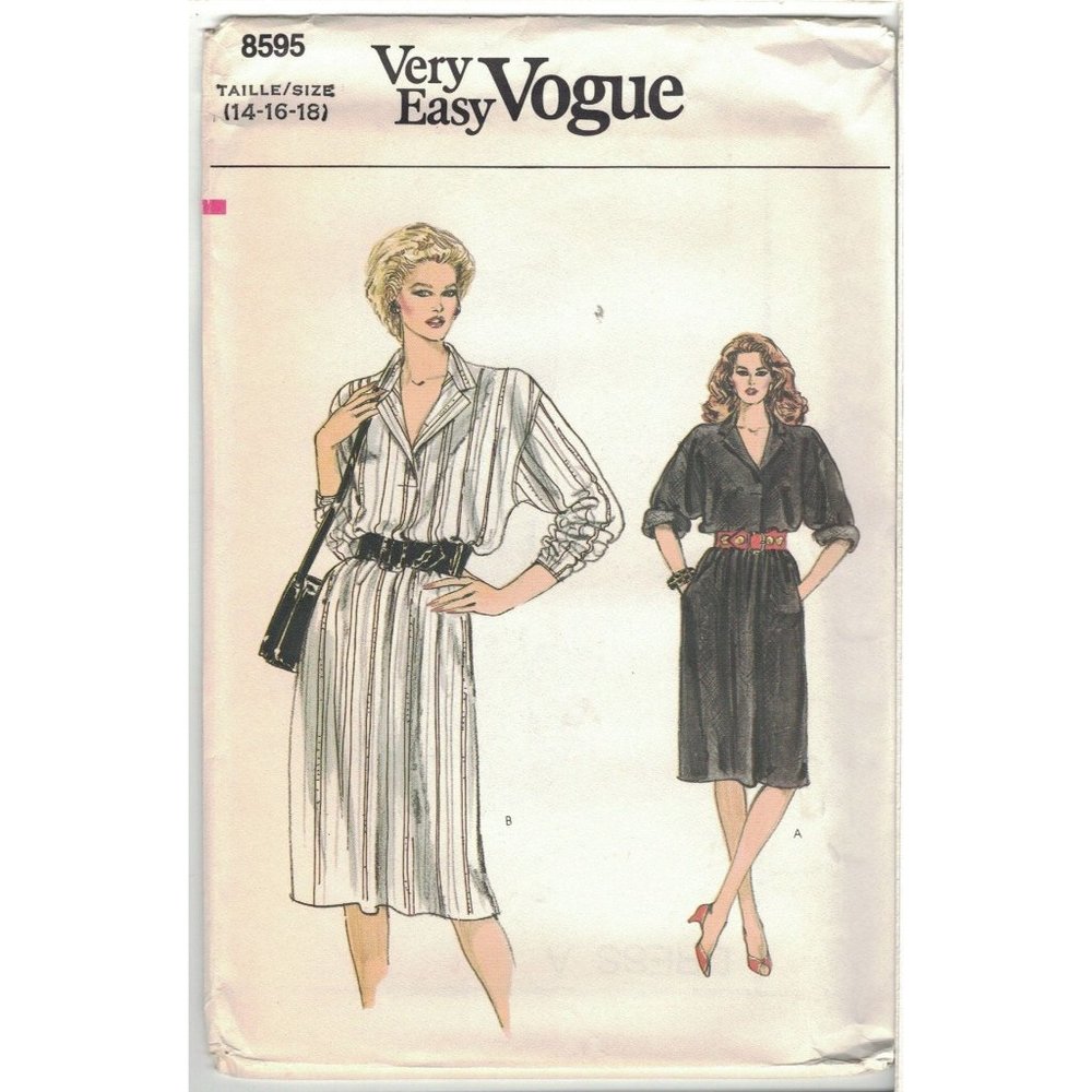 Very Easy Vogue 8595 Pullover Shirt Dress Pattern 1980s Size 8-12 Uncut